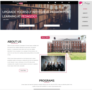 Pagina web para escuela de pedagogía. Consta de pagina principal, acerca de la empresa, los servicios que ofrece y la localización o contacto.