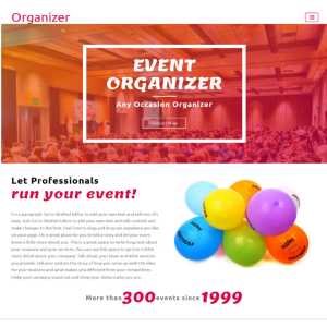 Pagina web para organizador de eventos, fiestas u otros. Con pagina principal, acerca de la empresa, los servicios que ofrece y la localización o contacto.